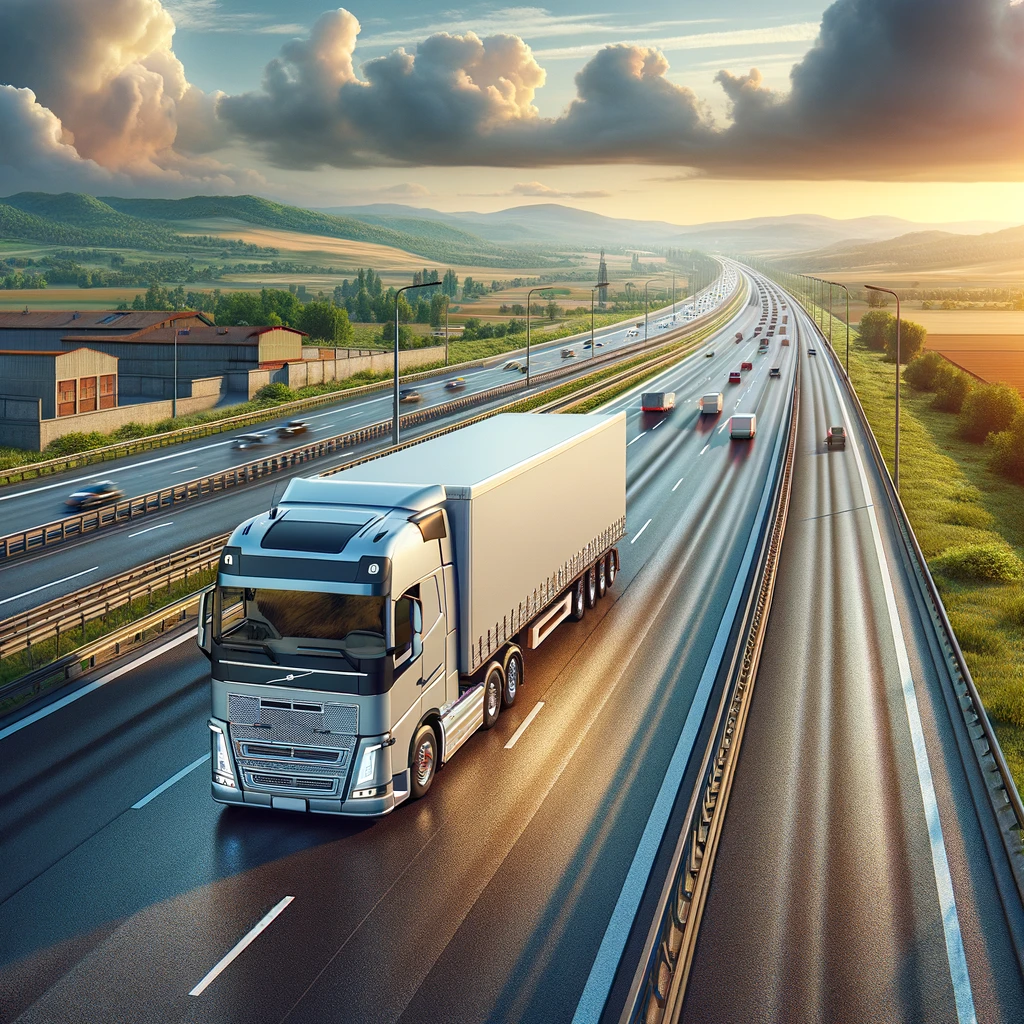 2023-11-14 18.18.32 - A realistic image of a truck on a highway, size 940x620 pixels. The scene should capture a large, modern cargo truck traveling on a busy highway, set .png